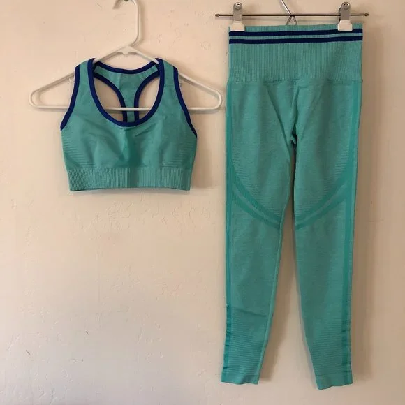 FINAL! NIB! SHEIN 2 PIECE TURQUOISE ATHLETIC YOGA WORKOUT GYM LOUNGE OUTFIT - Picture 1 of 8